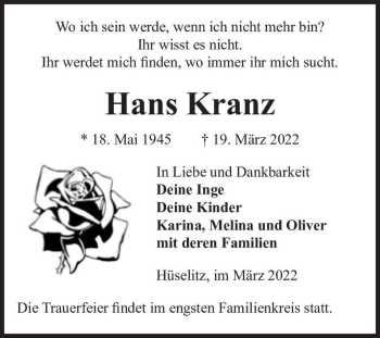 Traueranzeige von Hans Kranz  von Magdeburger Volksstimme