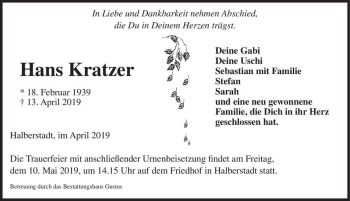 Traueranzeige von Hans Kratzer  von Magdeburger Volksstimme