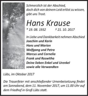 Traueranzeige von Hans Krause  von Magdeburger Volksstimme