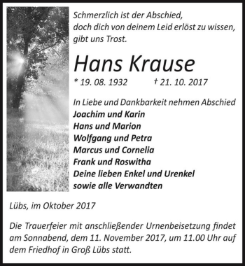 Traueranzeige von Hans Krause  von Magdeburger Volksstimme