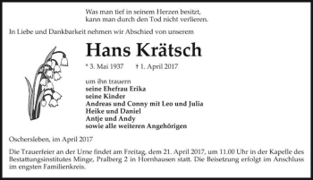 Traueranzeige von Hans Krätsch  von Magdeburger Volksstimme