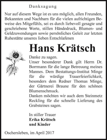 Traueranzeige von Hans Krätsch  von Magdeburger Volksstimme