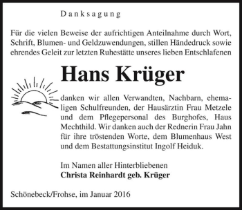 Traueranzeige von Hans Krüger  von Magdeburger Volksstimme