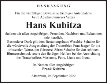 Traueranzeige von Hans Kubitza  von Magdeburger Volksstimme
