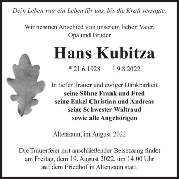 Traueranzeige von Hans Kubitza  von Magdeburger Volksstimme