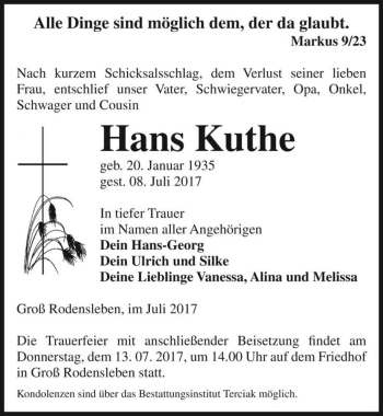 Traueranzeige von Hans Kuthe  von Magdeburger Volksstimme