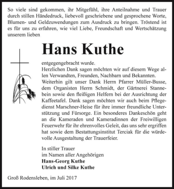 Traueranzeige von Hans Kuthe  von Magdeburger Volksstimme