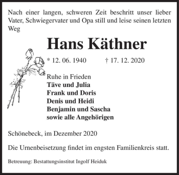 Traueranzeige von Hans Käthner  von Magdeburger Volksstimme