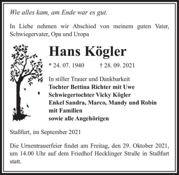 Traueranzeige von Hans Kögler  von Magdeburger Volksstimme