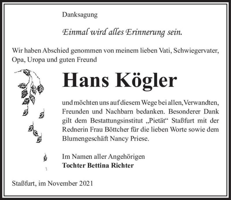  Traueranzeige für Hans Kögler  vom 06.11.2021 aus Magdeburger Volksstimme