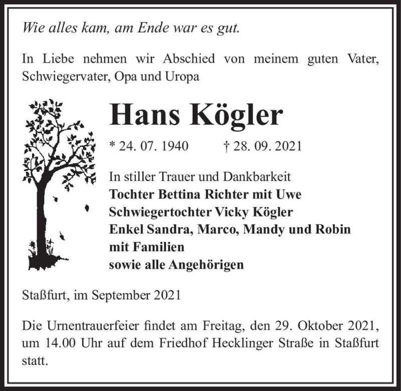  Traueranzeige für Hans Kögler  vom 09.10.2021 aus Magdeburger Volksstimme