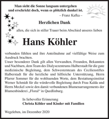 Traueranzeige von Hans Köhler  von Magdeburger Volksstimme