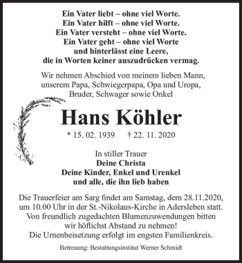 Traueranzeige von Hans Köhler  von Magdeburger Volksstimme
