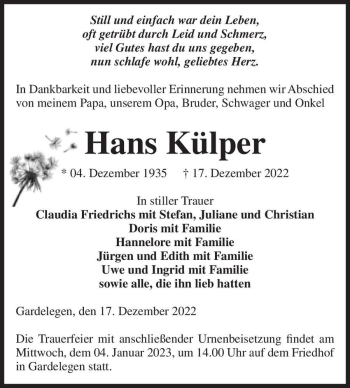 Traueranzeige von Hans Külper  von Magdeburger Volksstimme