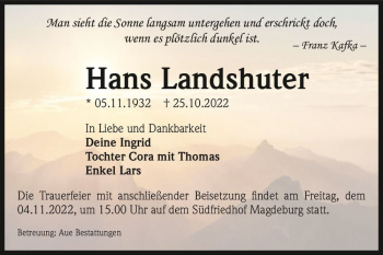 Traueranzeige von Hans Landshuter  von Magdeburger Volksstimme
