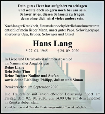 Traueranzeige von Hans Lang  von Magdeburger Volksstimme