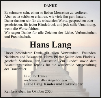Traueranzeige von Hans Lang  von Magdeburger Volksstimme