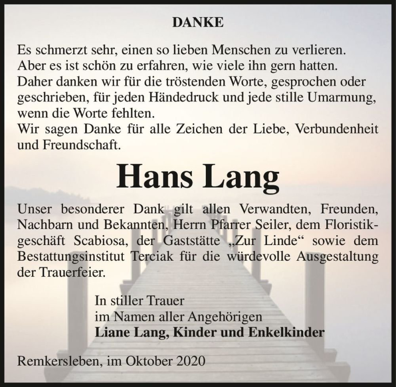  Traueranzeige für Hans Lang  vom 10.10.2020 aus Magdeburger Volksstimme