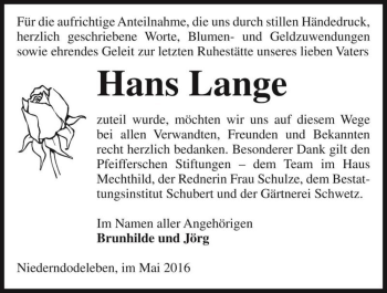 Traueranzeige von Hans Lange  von Magdeburger Volksstimme