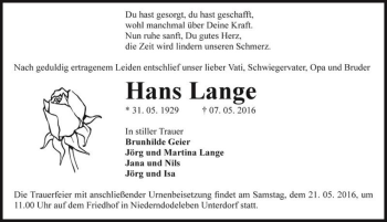 Traueranzeige von Hans Lange  von Magdeburger Volksstimme