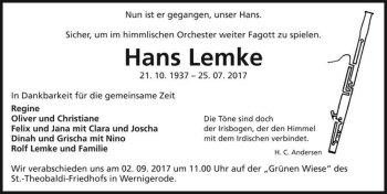 Traueranzeige von Hans Lemke  von Magdeburger Volksstimme
