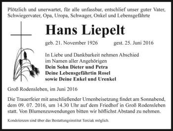 Traueranzeige von Hans Liepelt  von Magdeburger Volksstimme