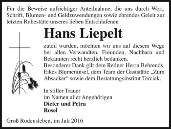 Traueranzeige von Hans Liepelt  von Magdeburger Volksstimme