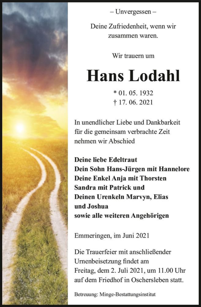 Traueranzeige für Hans Lodahl  vom 26.06.2021 aus Magdeburger Volksstimme