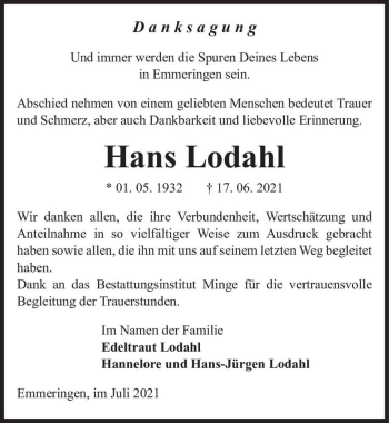 Traueranzeige von Hans Lodahl  von Magdeburger Volksstimme
