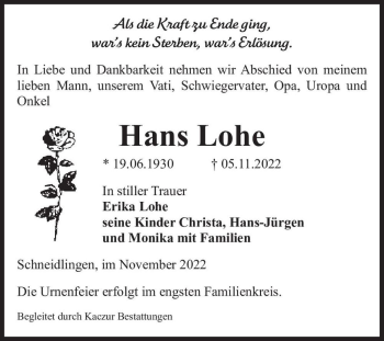 Traueranzeige von Hans Lohe  von Magdeburger Volksstimme