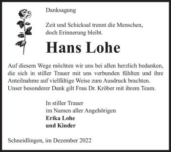 Traueranzeige von Hans Lohe  von Magdeburger Volksstimme