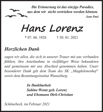 Traueranzeige von Hans Lorenz  von Magdeburger Volksstimme