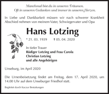 Traueranzeige von Hans Lotzing  von Magdeburger Volksstimme