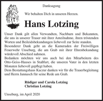 Traueranzeige von Hans Lotzing  von Magdeburger Volksstimme