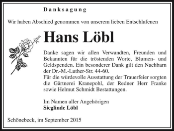 Traueranzeige von Hans Löbl  von Magdeburger Volksstimme