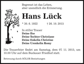Traueranzeige von Hans Lück  von Magdeburger Volksstimme