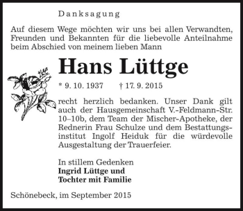 Traueranzeige von Hans Lüttge  von Magdeburger Volksstimme