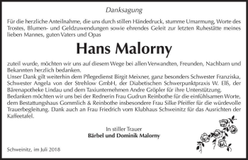 Traueranzeige von Hans Malorny  von Magdeburger Volksstimme