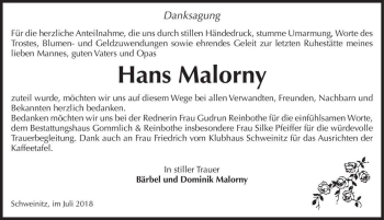 Traueranzeige von Hans Malorny  von Magdeburger Volksstimme