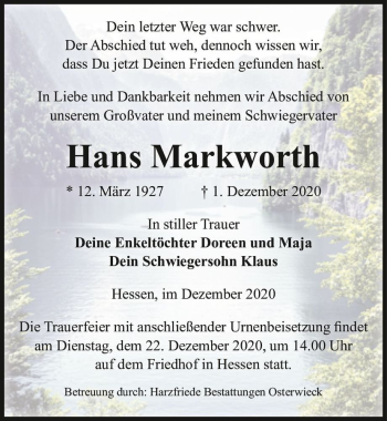 Traueranzeige von Hans Markworth  von Magdeburger Volksstimme