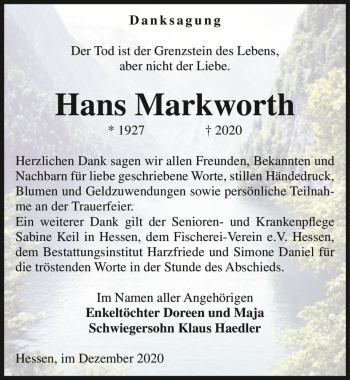 Traueranzeige von Hans Markworth  von Magdeburger Volksstimme