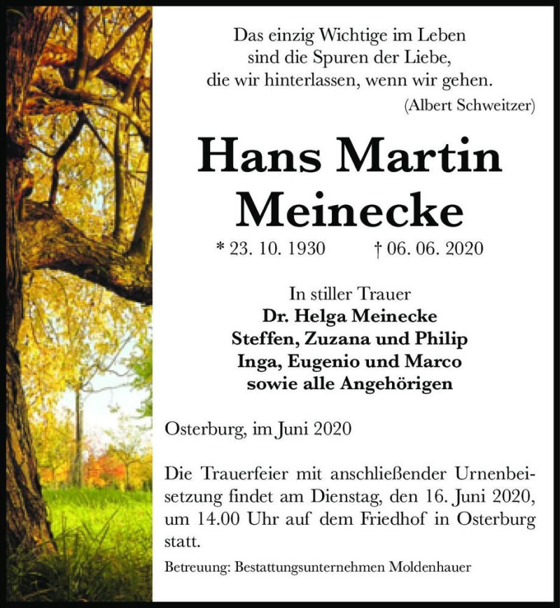  Traueranzeige für Hans Martin Meinecke  vom 10.06.2020 aus Magdeburger Volksstimme
