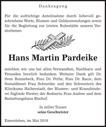 Traueranzeige von Hans Martin Pardeike  von Magdeburger Volksstimme