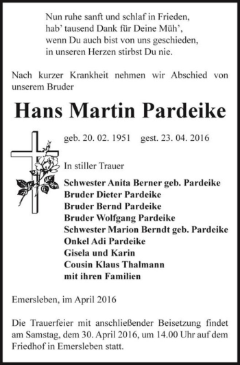Traueranzeige von Hans Martin Pardeike  von Magdeburger Volksstimme