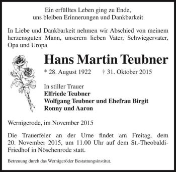 Traueranzeige von Hans Martin Teubner  von Magdeburger Volksstimme