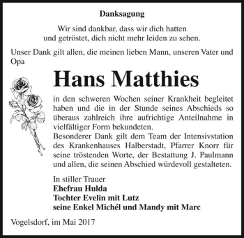 Traueranzeige von Hans Matthies  von Magdeburger Volksstimme