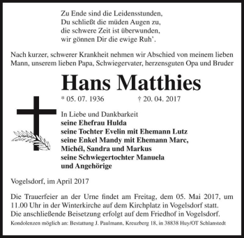 Traueranzeige von Hans Matthies  von Magdeburger Volksstimme