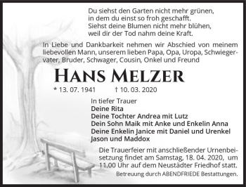 Traueranzeige von Hans Melzer  von Magdeburger Volksstimme