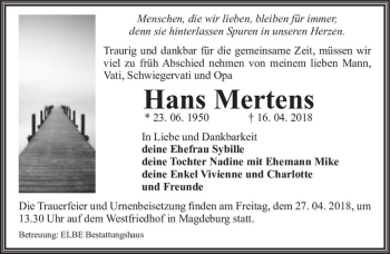 Traueranzeige von Hans Mertens  von Magdeburger Volksstimme
