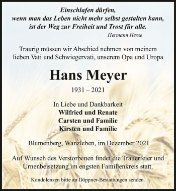 Traueranzeige von Hans Meyer  von Magdeburger Volksstimme